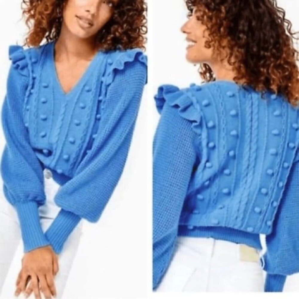 Lilly Pulitzer Size Medium Greta Sweater Knit Blue Rufle Pom Pom